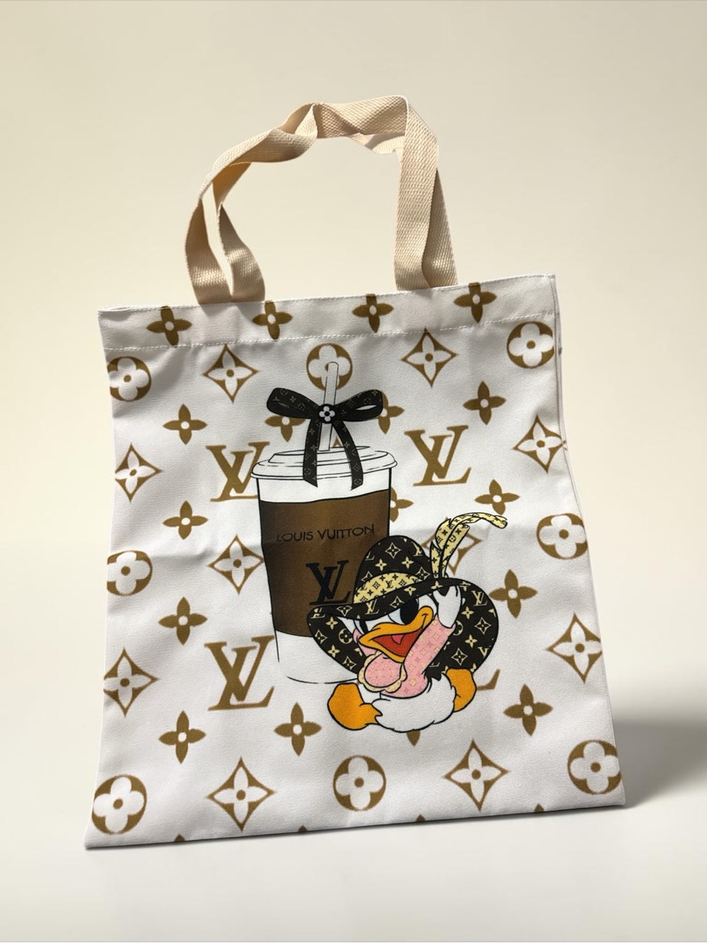 LV inspired  White & Gold Canvas Tote with Donald Duck